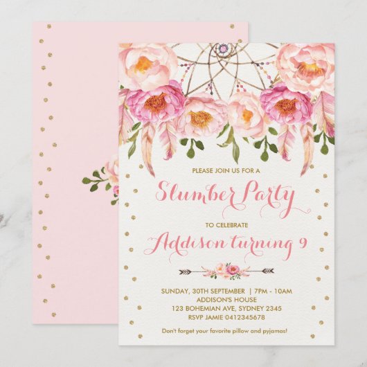 Roze en goudkleurige Boho Birthday Sleepover Kaart (Voorkant / Achterkant)