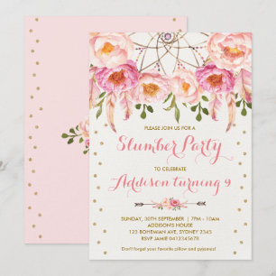 Roze en goudkleurige Boho Birthday Sleepover Kaart