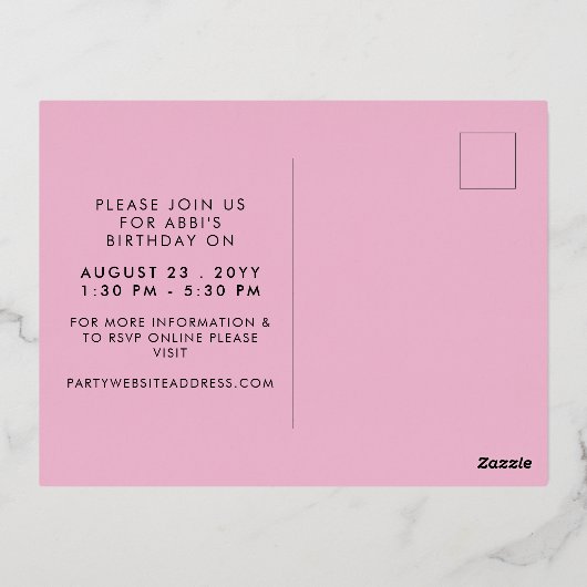 Roze en goudkleurige Confetti-grootwinkelaar Folie Uitnodiging Briefkaart (Achterkant)