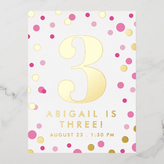 Roze en goudkleurige Confetti-grootwinkelaar Folie Uitnodiging Briefkaart (Voorkant)