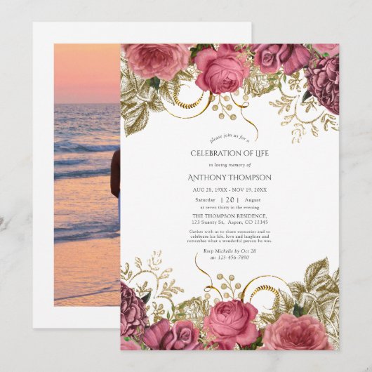 Roze en goudkleurige  Floral Celebration of Life Kaart (Voorkant / Achterkant)