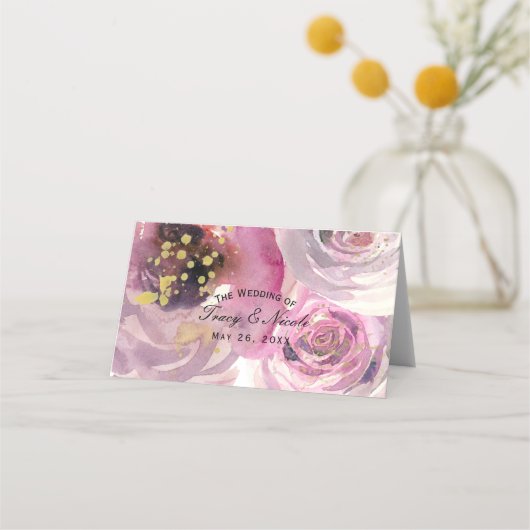 Roze en goudkleurige Floral Wedding Table Plaatskaartje (Voorkant)