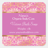 Roze en goudkleurige folie demask soap cosmetica l vierkante sticker (Voorkant)