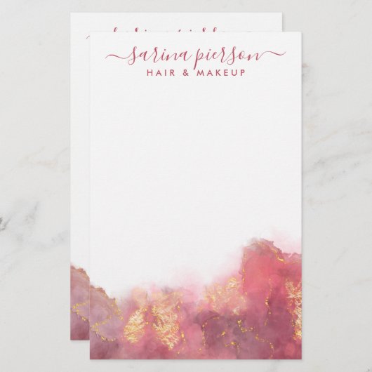 Roze en goudkleurige inkt voor vloeibare Waterverf Briefpapier (Voorkant / Achterkant)