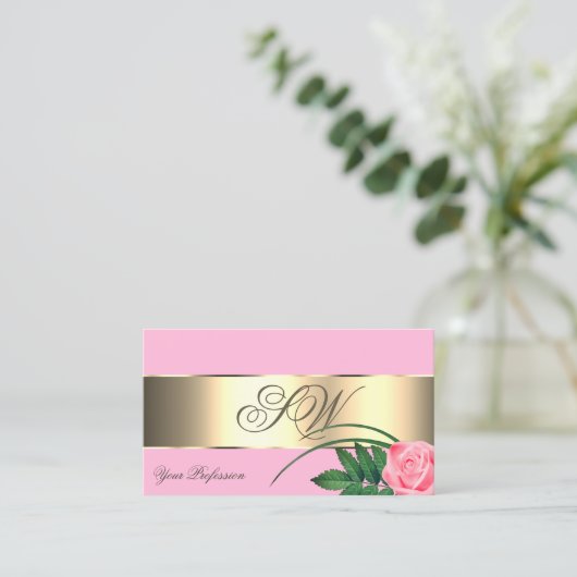 Roze en goudkleurige Roos met monogram Visitekaartje (Staand voorkant)