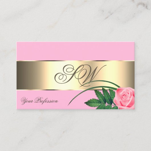 Roze en goudkleurige Roos met monogram Visitekaartje (Voorkant)
