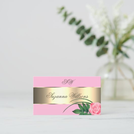 Roze en goudkleurige Roos ventilator met Initialen Visitekaartje (Staand voorkant)