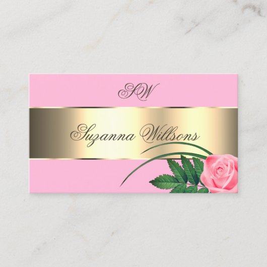 Roze en goudkleurige Roos ventilator met Initialen Visitekaartje (Voorkant)