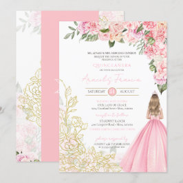 Roze en goudlegant Floral Girly Quinceanera Kaart