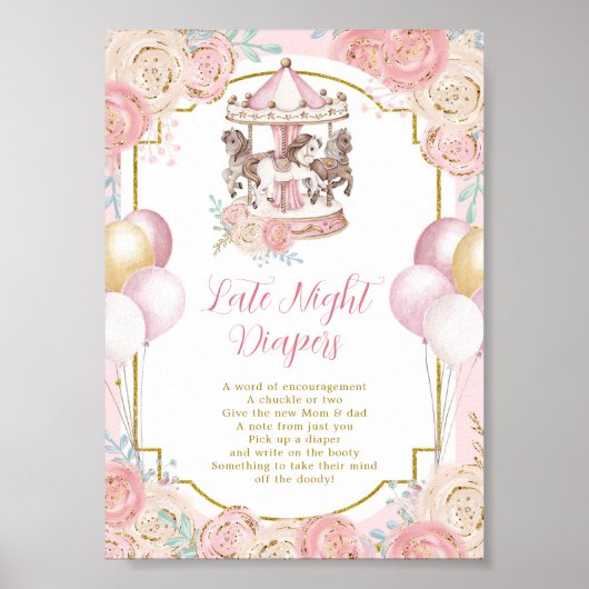 Roze en goudmagische carrousel late avond diaper poster (Voorkant)