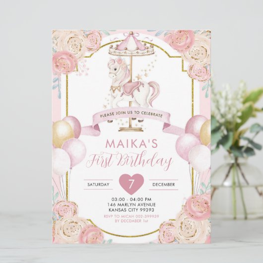 Roze en goudmakreel Carousel Birthday Kaart (Staand voorkant)