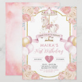 Roze en goudmakreel Carousel Birthday Kaart (Voorkant / Achterkant)