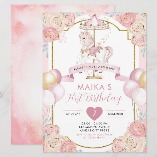 Roze en goudmakreel Carousel Birthday Kaart (Voorkant / Achterkant)