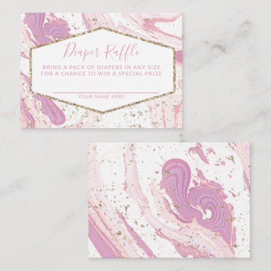 Roze en goudmarmer Baby shower, luieraffle Informatiekaartje (Voorkant / Achterkant)