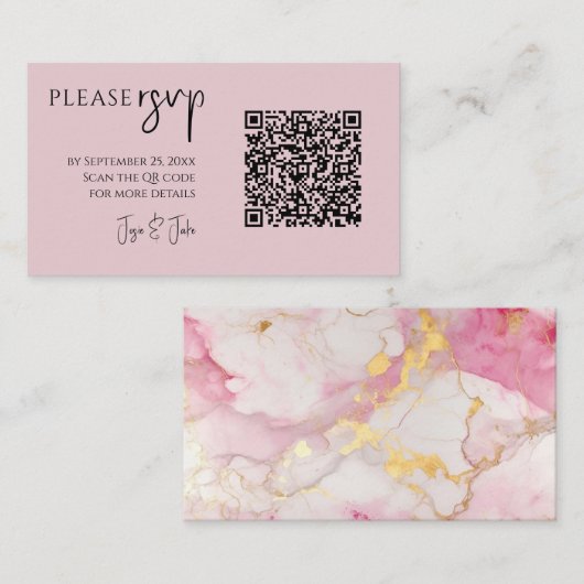 Roze en goudmarmer QR-code voor bruiloften RSVP Informatiekaartje (Voorkant / Achterkant)