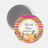 Roze en goudmetaalstrips met Florals Wedding Magneet (Voorkant / Achterkant)