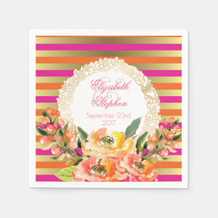 Roze en goudmetaalstrips met Florals Wedding Servet