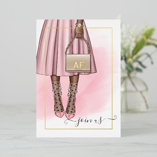 Roze en goudmonogram Chic Bachelorette Party Folie Uitnodiging (Staand Voorkant)