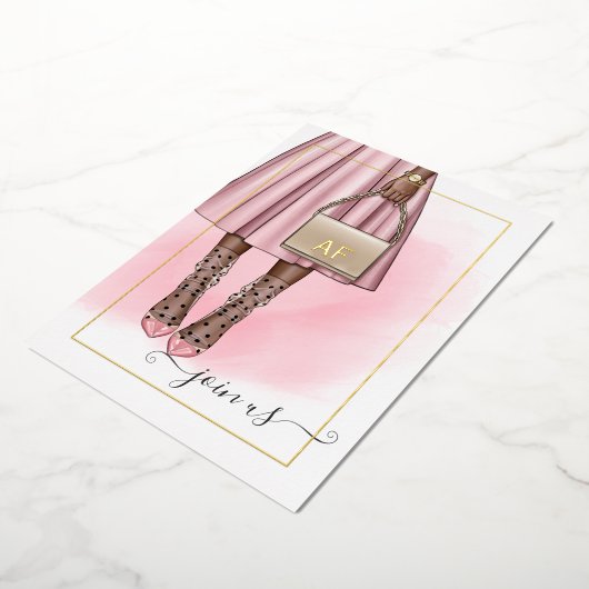 Roze en goudmonogram Chic Quinceañera Folie Uitnodiging (Gedraaid)