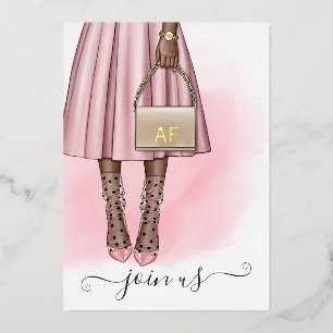 Roze en goudmonogram Chic Quinceañera Folie Uitnodiging