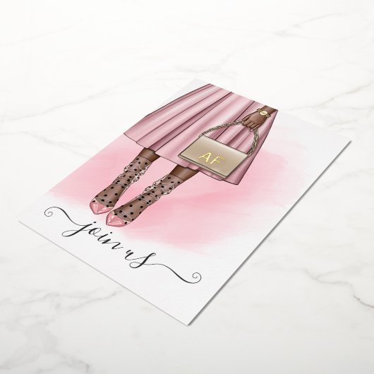 Roze en goudmonogram Chic Quinceañera Folie Uitnodiging (Gedraaid)