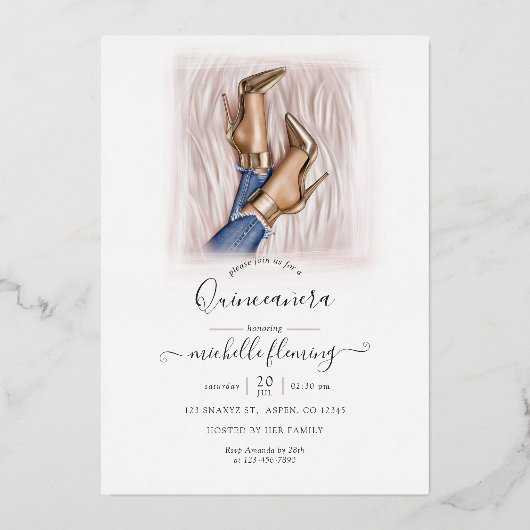 Roze en goudmonogram Grafische Quinceañera Folie U Folie Uitnodiging (Achterkant)