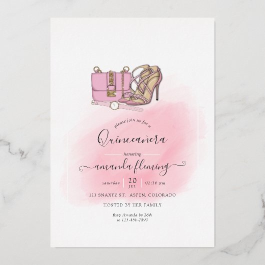 Roze en goudmonogram Grafische Quinceañera Folie U Folie Uitnodiging (Achterkant)