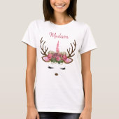 Roze en goudmonogram kerst Unicorn Reindester T-shirt (Voorkant)