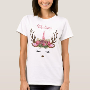 Roze en goudmonogram kerst Unicorn Reindester T-shirt