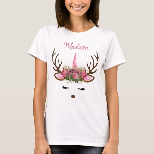 Roze en goudmonogram kerst Unicorn Reindester T-shirt (Voorkant)