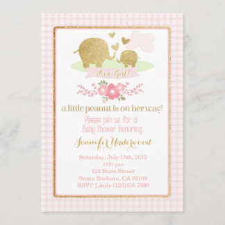 Roze en goudolifant Baby shower Kaart