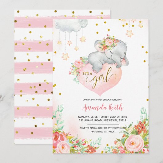 Roze en goudolifant Baby shower Kaart (Voorkant / Achterkant)