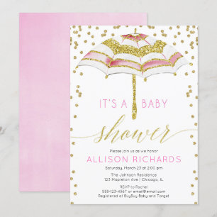 Roze en goudparaplu baby shower kaart