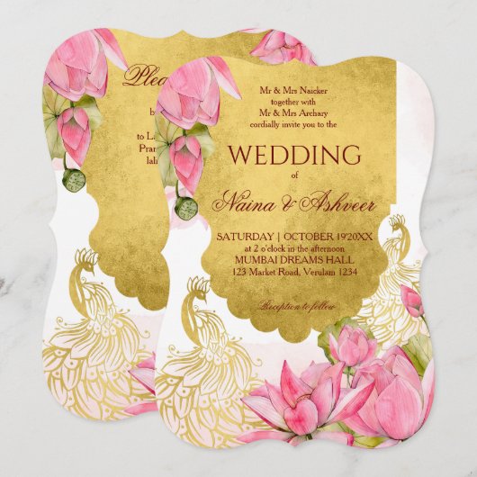 Roze en goudpauwoog Indische bruiloft Kaart (Voorkant / Achterkant)