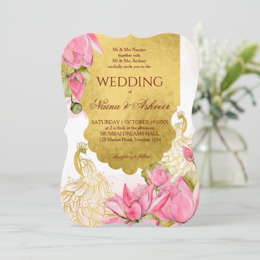 Roze en goudpauwoog Indische bruiloft Kaart (Staand voorkant)