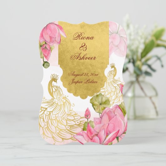 Roze en goudpauwoog Indische bruiloft Kaart (Staand voorkant)