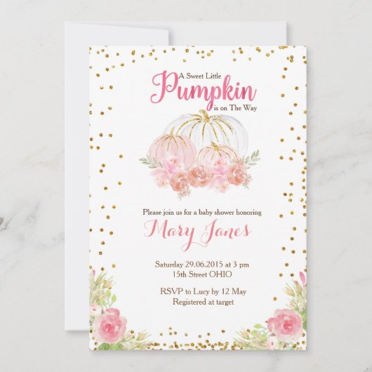 Roze en goudpompoen baby shower waterverf kaart