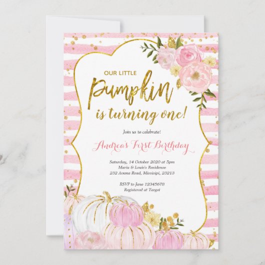 Roze en goudpompoen Eerste uitnodiging van de verj (Voorkant)
