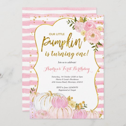 Roze en goudpompoen Eerste uitnodiging van de verj (Voorkant / Achterkant)