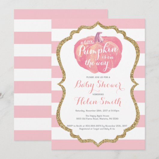 Roze en goudpompoenen Baby shower Kaart (Voorkant / Achterkant)