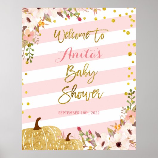 Roze en goudpompoenen Baby shower Welkomstteken Poster (Voorkant)