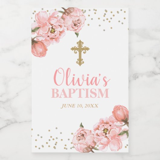 Roze en goudpony Floral Baptism Mini Wine Label Wijn Etiket (Enkel label)