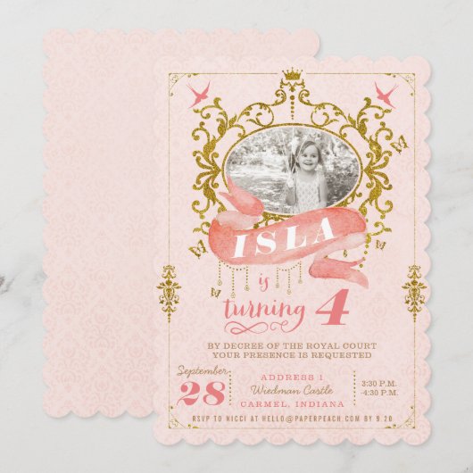 Roze en goudprinses Birthday Party-uitnodigingen Kaart (Voorkant / Achterkant)