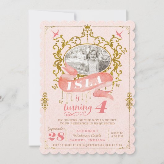 Roze en goudprinses Birthday Party-uitnodigingen Kaart (Voorkant)