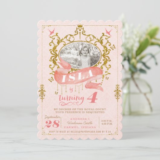 Roze en goudprinses Birthday Party-uitnodigingen Kaart (Staand voorkant)