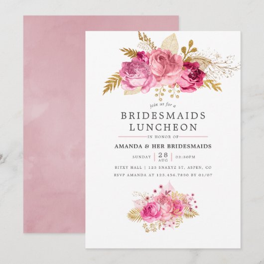 Roze en goudRozen Waterverf Bridesmaids Luncheon Kaart (Voorkant / Achterkant)