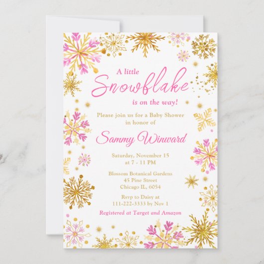 Roze en goudsneeuwvlokken WinterBaby shower Kaart (Voorkant)