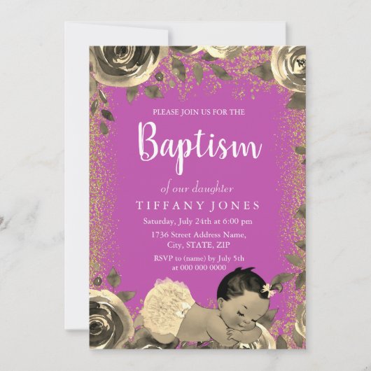 Roze en goudsparkle Glitter Girl Baptism Invite Kaart (Voorkant)