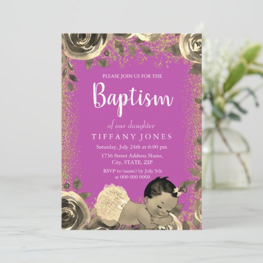 Roze en goudsparkle Glitter Girl Baptism Invite Kaart (Staand voorkant)