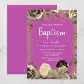 Roze en goudsparkle Glitter Girl Baptism Invite Kaart (Voorkant / Achterkant)